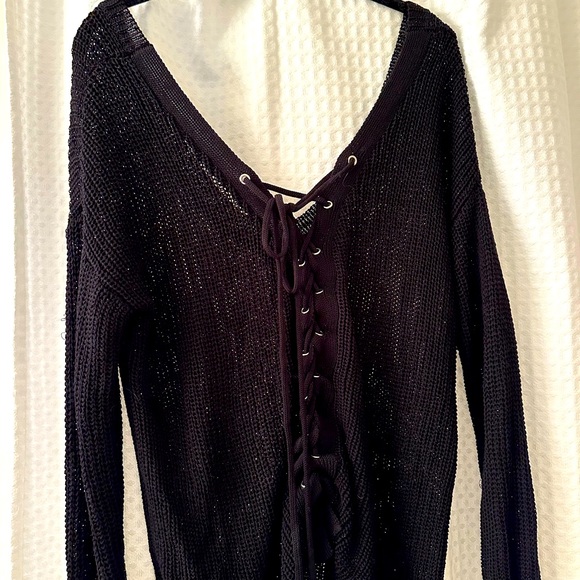 Pookie&Sebastian light knit black sweater. Laces up back + hangs off shoulder. - Picture 2 of 3